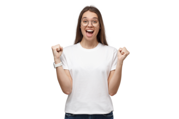 Excited woman celebrating victory and acting as if she is winner, clenches her fists and cheers with an open mouth