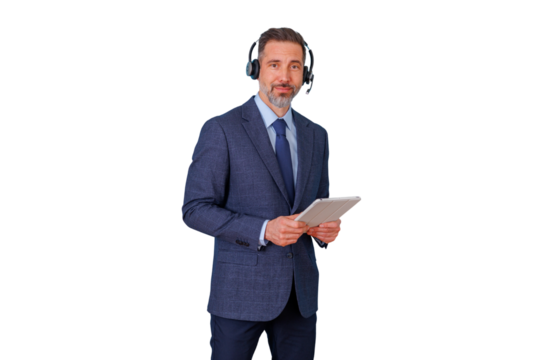 Businessman wearing headset and holding tablet, offering online customer service and technical support on transparent background - Powered by Adobe