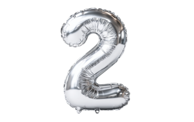 Foil balloon shaped like number 2 captured in high key lighting for New Year celebration, party, and festive design concepts isolated on transparent background PNG