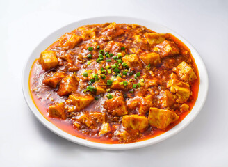 Delicious spicy tofu dish with green onions on white plate