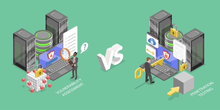 3D Isometric Flat Vector Illustration of Mulnerability Testing, Teamwork And Data Management For Cyber Threats With Digital Security Solutions