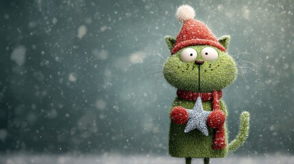 Animated green feline cartoon character, snow falling around it. Wearing red knitted hat, scarf, gloves, holding star decoration. Festive winter scene