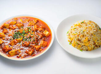 Delicious Chinese food with tofu curry and fried rice