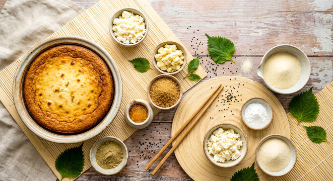 Indian chhena poda cheese dessert in ceramic bowl with ingredients flat lay