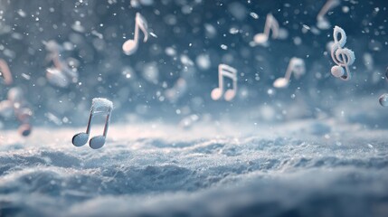 Animated musical notes drifting through a snowy winter landscape, creating a whimsical and festive atmosphere