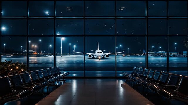 quiet late evening airport lounge offering view of departing aircraft