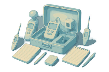 Arctic Research Kit. a field research kit containing thermometers, sensors, and notepads glowing in arctic hues, cream and ice