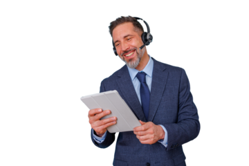 Mature businessman with headset using tablet for video call, providing customer service on transparent background