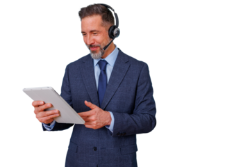 Businessman wearing headset using digital tablet for customer service or remote work, transparent background