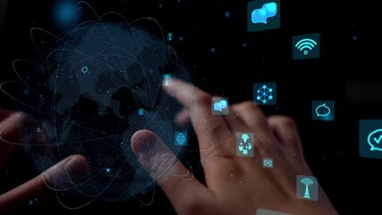 Human hands interact with a digital interface displaying global network icons, symbolizing technology and connectivity in a sleek, modern design. Xenic - Powered by Adobe