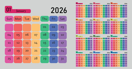 2026 Calendar Grid with Colorful Month Blocks and Day Labels - Clean Design for Planning. Gregorian Calendar 2026. No holidays included. Fully Editable file
