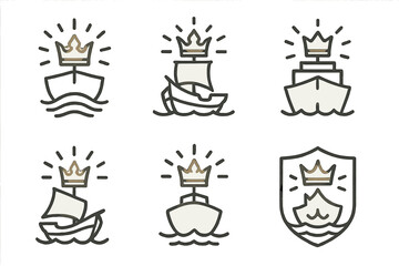 Fototapeta premium Radiant Ship Emblems. Icons for: radiant crowned ship emblems, glowing vessel silhouettes, shining royal fleet icons, luminous