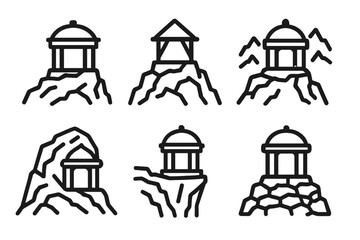 Fototapeta premium Rocky Terrace Icons. Icons for: rocky belvedere icons, elevated stone terrace symbols, mountainous viewpoint shelters, sculpted