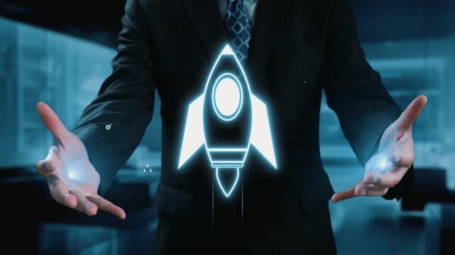 A businessman stands confidently in a modern office, showcasing a digital rocket surrounded by growth icons, symbolizing innovation and business success aspirations. Qubit