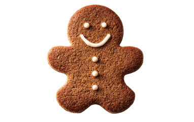 Elegant smiling gingerbread man displayed with detailed texture photographed for seasonal, festive, and decorative visuals isolated on transparent background PNG