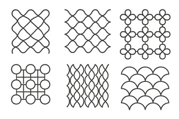 Harmonic Ornament Grids. Line vector icons of harmonic ornament grids: melodic pattern meshes, sound-based tile weaves, vibrating