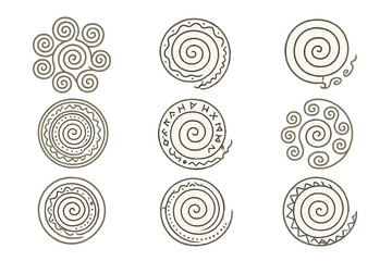 Ancient Symbolic Spirals. Line vector icons of a fine whorl of ancient marks: intricate curved symbols, detailed spiral glyphs,