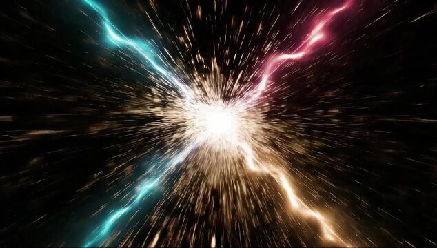 Abstract dark scene with intersecting neon streaks of teal magenta, white, and yellow crossfire glow
