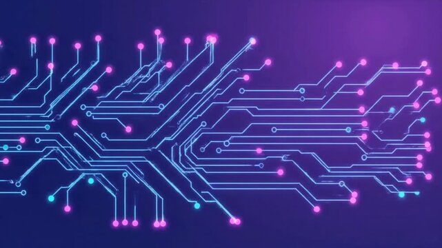 Circuit board design with pink and blue dots on a dark purple and blue gradient background image view
