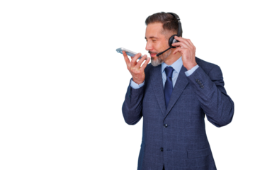 Customer service professional communicating using a headset and voice assistant on a smartphone, providing support