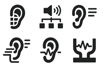 Hearing Framework Icons. Solid style icons of hearing-focused frameworks: listening lattice, sound framework, aural channel,