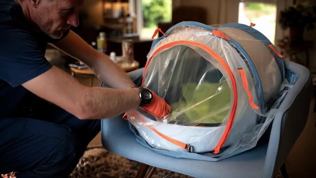 Medium shot of a pest control expert sealing a portable heat chamber bag around household furniture preparing for thorough bed bug heat treatment in a home setting.