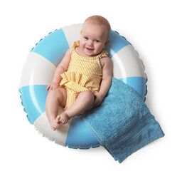 Cute little baby with towel on inflatable ring against white background, top view
