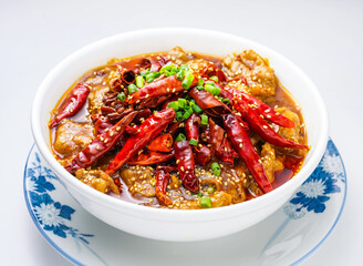 Delicious spicy Sichuan dish with red chili peppers and green onions