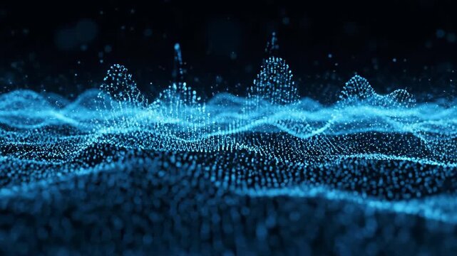 Digital sound wave visualization with glowing blue particles representing data flow and scientific research