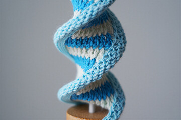Knitted 3D shape representation of a double helix structure in gray and blue yarn.