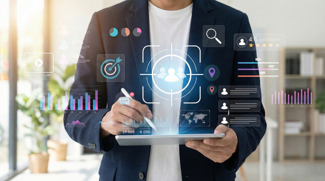 Digital marketing strategy and audience targeting concept. Businessman interacts with data analytics dashboard, customer engagement insights, online advertising trends, and conversion tracking - Powered by Adobe