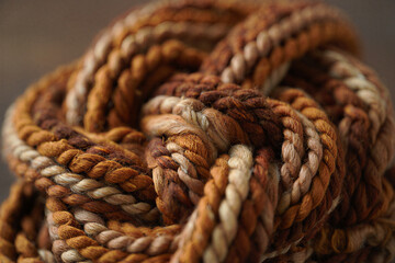 Knitted 3D shape: Complex knitted 3D knot with interlocking yarn loops and detailed fiber texture. 