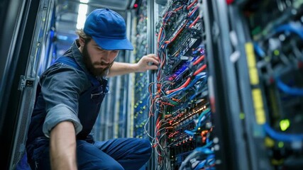 Technician performing routine system check on server hardware during scheduled annual maintenance in a hightech data center environment.