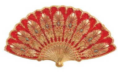 Gold and red decorative fan fully opened with professional product lighting for elegant visual presentation isolated on transparent background PNG