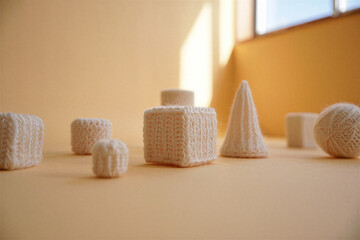 Knitted 3D shape set of yellow cubes and rectangular prisms arranged on a neutral background.