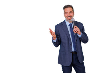 Smiling man in a suit speaking confidently into a microphone, delivering a presentation, offering clear communication and expertise