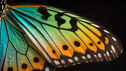 Close-up of butterfly wing showing vibrant teal and orange colors  