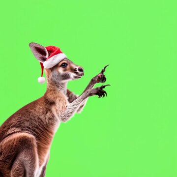santa kangaroo pointing as recommending sth isolated over greenscreen background