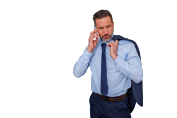 Concerned businessman receiving a difficult phone call, feeling anxious and worried, working with uncertainty on transparent background