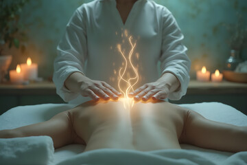 Holistic Bodywork: Therapist Channeling Healing Energy into Client's Back - AI generated