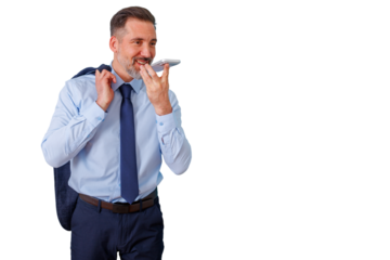 Businessman sending voice message on phone, communicating digitally, executive recording audio on mobile device with transparent background