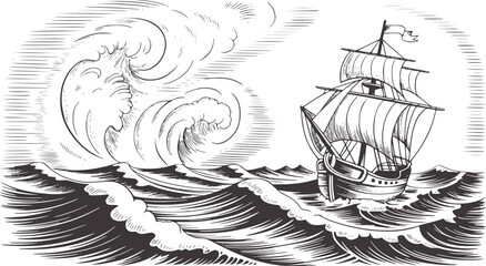 Black and white etching of a sailing ship in stormy seas with large waves