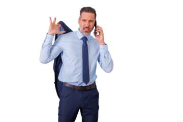 Businessman having an angry phone call, gesturing with frustration, dealing with stress and conflict at work, transparent background