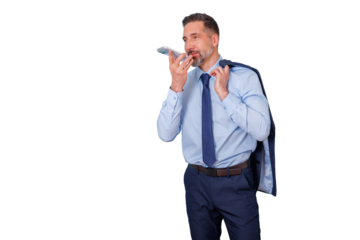 Confident businessman recording voice message on smartphone, communicating remotely, standing on transparent background