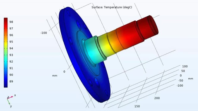 Video animation of computer 3d modeling of 
mechanical part with rotation. Steel worm shaft with
round cover of electrical reducer.
Temperature distribution cad analysis. Technology 
projection.