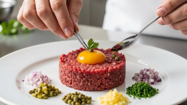 Chef puts steak tartare with egg yolk on a plate