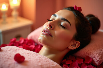 Spa Massage Relaxation Portrait. Woman At Spa With Rose Petals. Romantic Wellness Treatment. Luxury Spa Experience