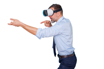 Mature man wearing vr headset experiencing virtual reality, interacting with metaverse content, transparent background