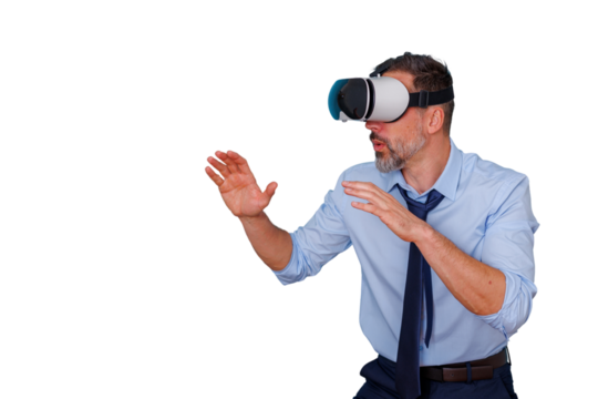 Businessman wearing vr headset experiencing immersive virtual reality, interacting with metaverse technology on transparent background - Powered by Adobe