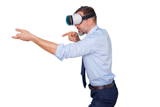 Mature man wearing vr headset experiencing virtual reality, interacting with metaverse content, transparent background - Powered by Adobe